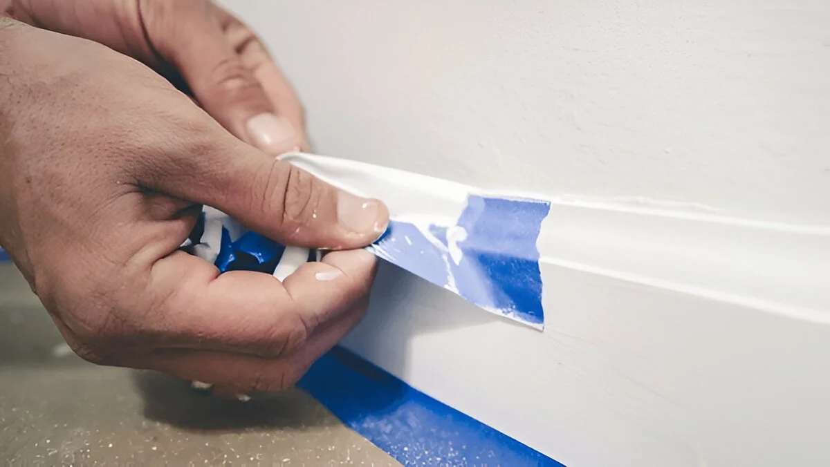 Maler zieht blaues Malerband von der Wand ab 