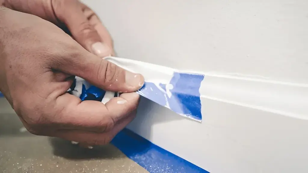 Maler-zieht-blaues-Malerband-von-der-Wand-ab